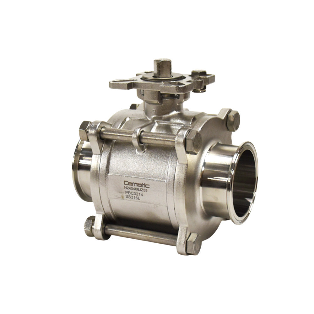 Válvula de bola clamp higiénica 316L con manija vista lateral Cematic