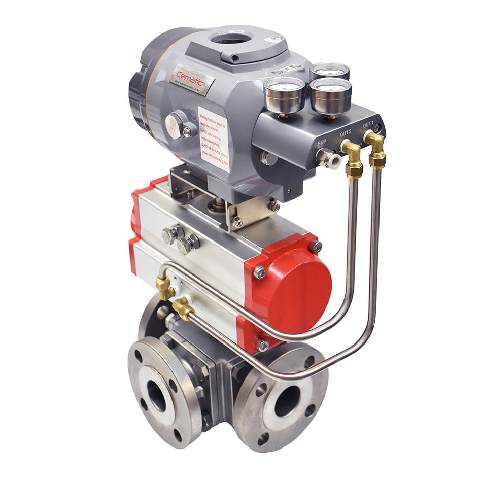 Válvula de Bola 3 Vías Bridada ANSI 150 con Actuador Neumático | SS316 | PTFE | 290 psi