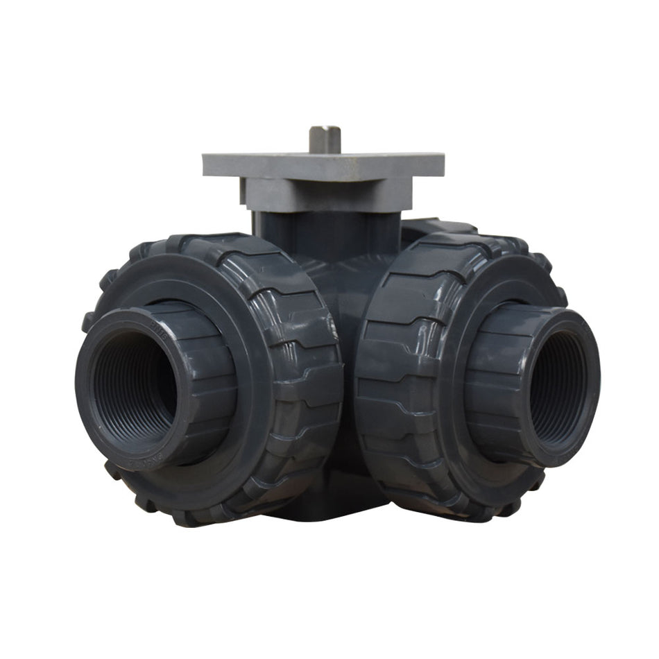 Válvula de bola 3 vías PVC rosca NPT tipo L con montura ISO5211 – Cematic