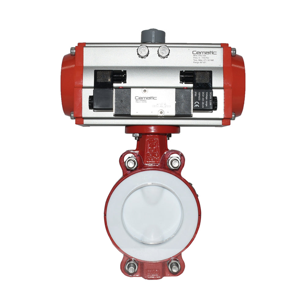 Válvula mariposa wafer disco teflón PTFE con actuador neumático ANSI 150 – Cematic